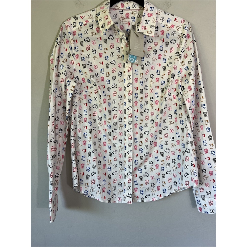 Boden Dog Print The Classic Shirt Women's Size 6 Ivory Rufus Long Sleeve NEW